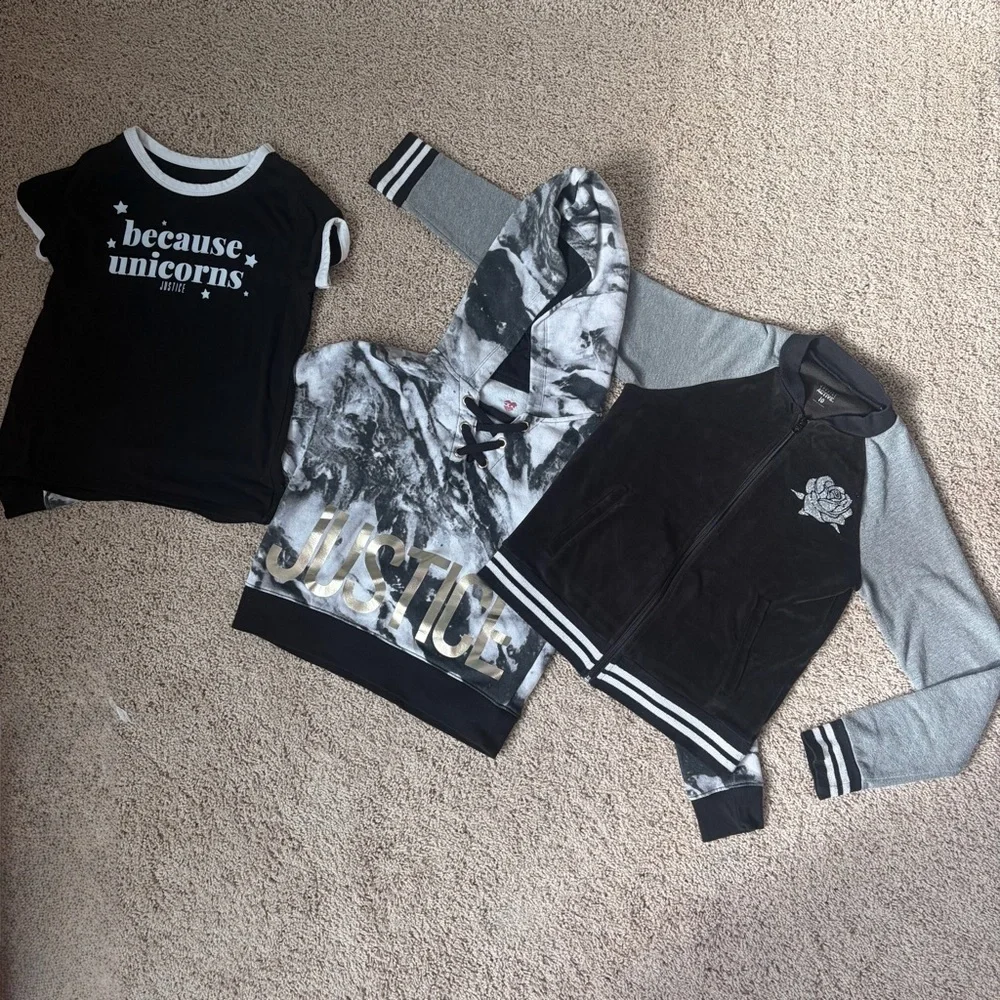 Justice Black and Gray Kids Zip up, Sweatshirt and Tshirt Bundle Size 10
